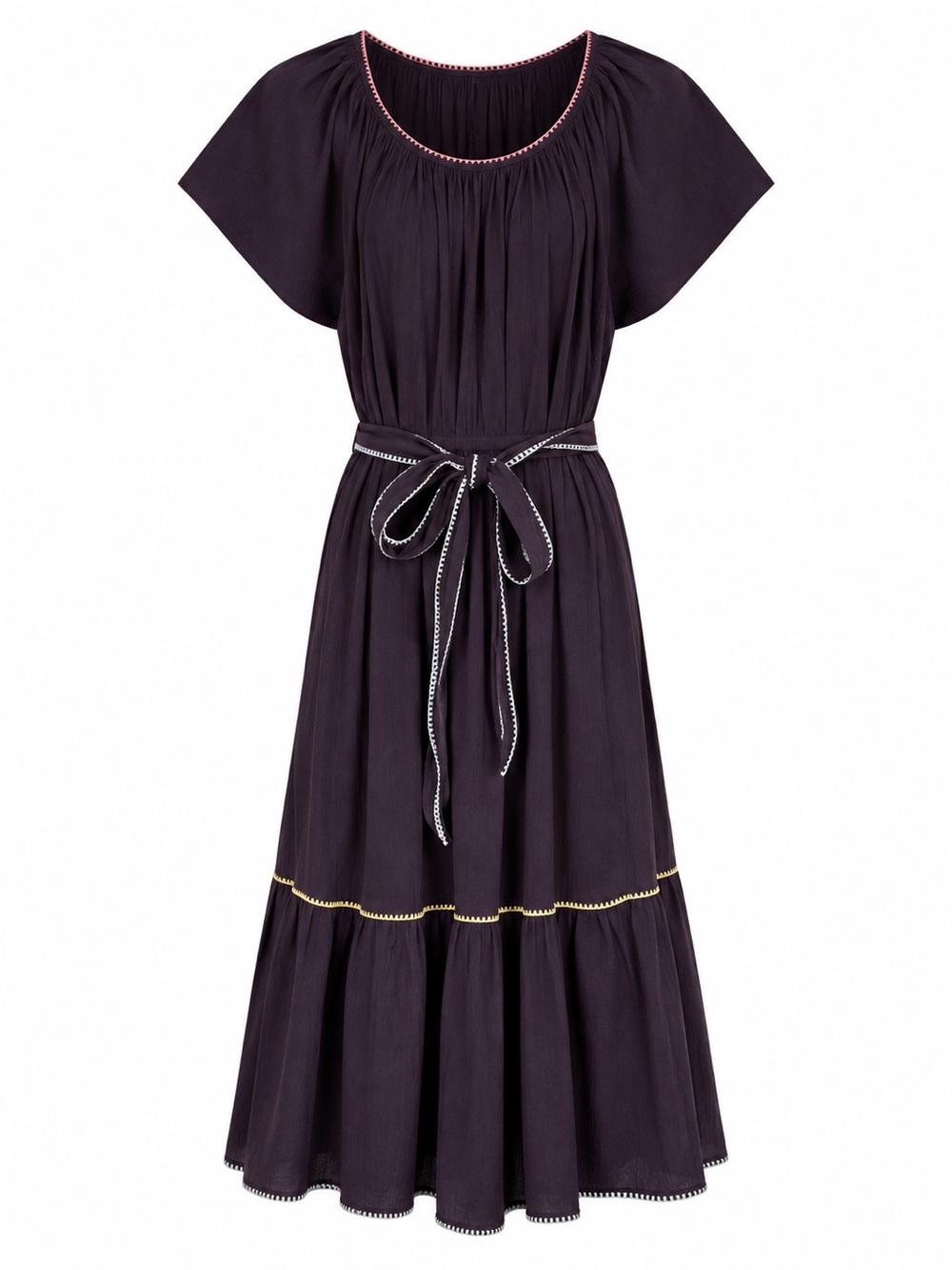 Talbots Navy Crinkled Gauze Midi Dress 100% Cotton Tie Waist Cottagecore NWT L